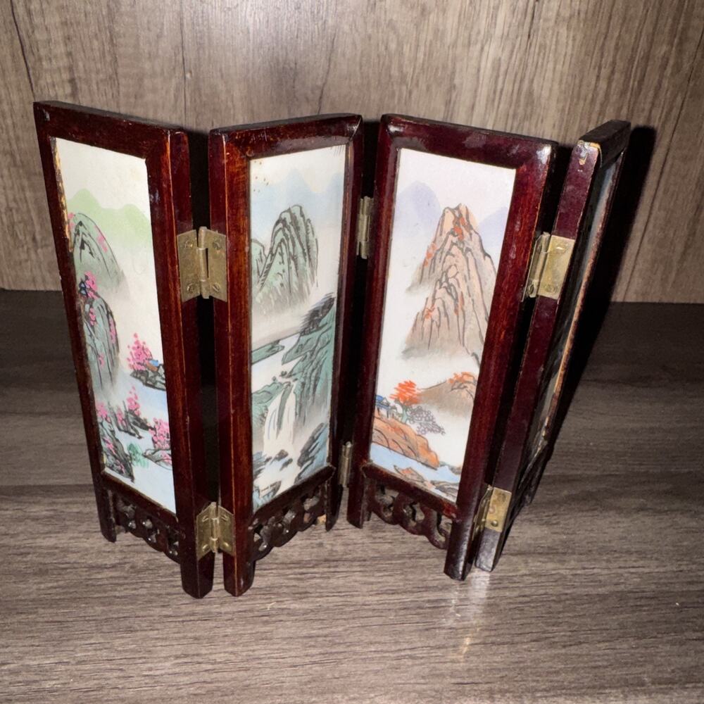 Vtg Chinese Tabletop 4 Panel Folding Screen Double-Sided Painted On Porcelain